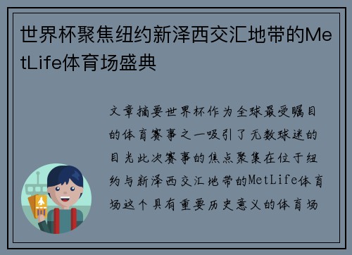 世界杯聚焦纽约新泽西交汇地带的MetLife体育场盛典