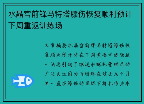 水晶宫前锋马特塔膝伤恢复顺利预计下周重返训练场