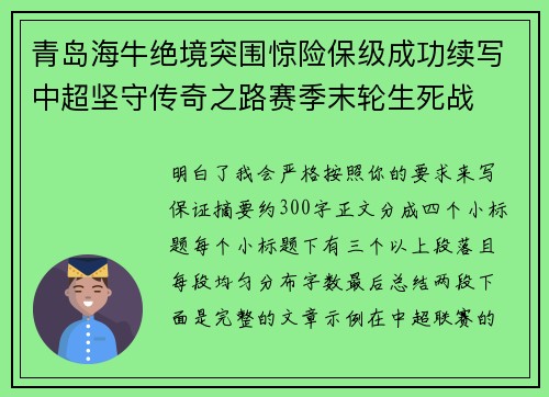 青岛海牛绝境突围惊险保级成功续写中超坚守传奇之路赛季末轮生死战